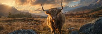 Panorama | Scottish highlander between stones and sunlight in the golden hour by Digitale Schilderijen