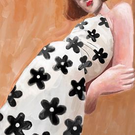 Bloemenvrouwtje, een stoer schilderij van een vrouw. van Hella Maas
