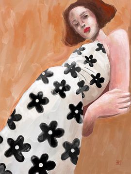 Bloemenvrouwtje, een stoer schilderij van een vrouw. van Hella Maas
