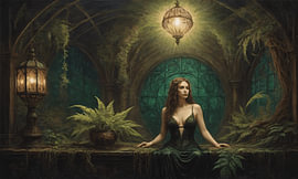 Mystical Woman in a Historic Botanical Conservatory with a Lantern by Stefan Vermeer