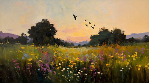 Champ de fleurs avec oiseaux