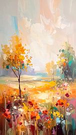 Goldene Herbstlandschaft mit abstrakten Bäumen und warmen Farbtönen – 2 von Studio Pieternel