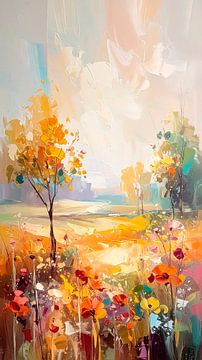 Goldene Herbstlandschaft mit abstrakten Bäumen und warmen Farbtönen – 2 von Studio Pieternel