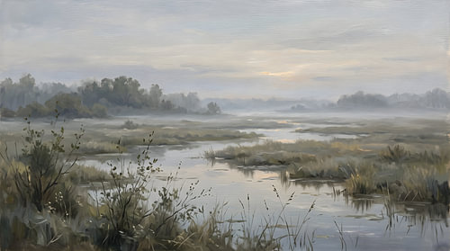Misty Wetland bij zonsopgang – Rustgevend landschapsschilderij van een moerasgebied