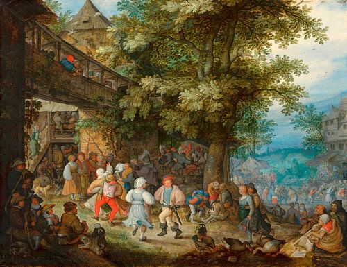 Dansende boeren voor een Boheemse herberg, Roelant Savery