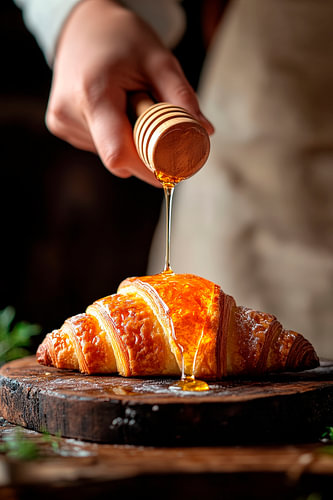 Met honing versierde croissants op een houten plank
