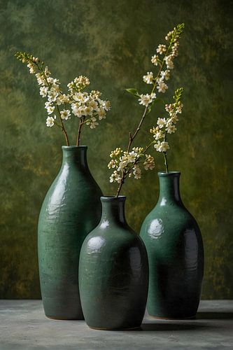 3 green vases with gypsophila
