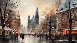 Aquarell-Einkauf auf dem Weihnachtsmarkt mit Lichtern und Bokeh-Malerei in der Stadt Winter Kunst Design