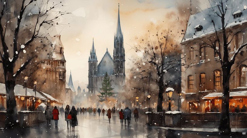 Aquarell-Einkauf auf dem Weihnachtsmarkt mit Lichtern und Bokeh-Malerei in der Stadt Winter Kunst Design von Animaflora PicsStock