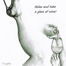 Détendez-vous et prenez un verre de vin ! Dessin au crayon, fait à la main. sur Ineke de Rijk