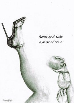 Relax and take a glass of wine! Pencil drawing , hand-drawn. by Ineke de Rijk