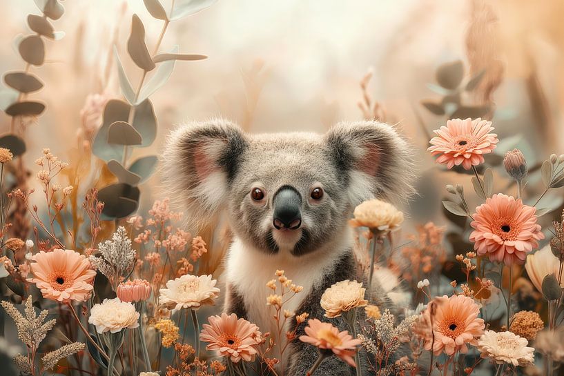 Flowers and Cuddles - Koala in Field of Flowers by Eva Lee
