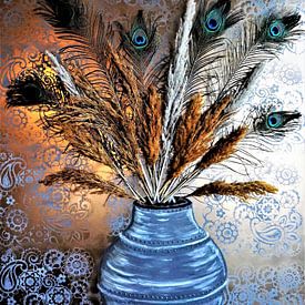 Vaas met pauwveren en pampasgras van Marielistic-Art.com