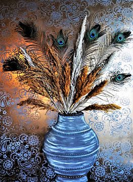 Vase with peacock feathers and pampas grass by Marielistic-Art.com