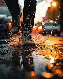 Man runs through puddle