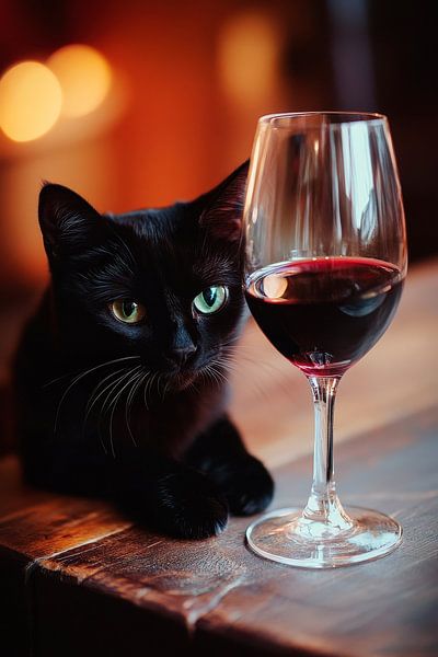 Schwarze Katze mit Weinglas – Gemütlich von Poster Art Shop