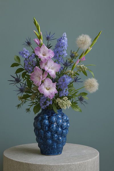 Blumen in blauer Vase Gemälde von Kleurenrijk