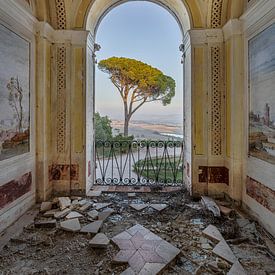 View into abandoned villa during sunset by Ruud van der Aalst