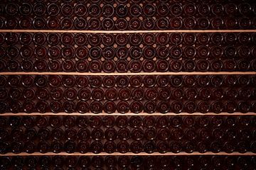 Wijnflessen op planken in de wijnkelder van Gevk - izuriphoto