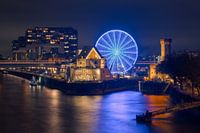 Rheinauhafen in Keulen bij nacht met reuzenrad en chocolademuseum