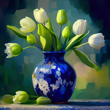 Witte tulpen op Delfts blauwe vaas van Lauri Creates