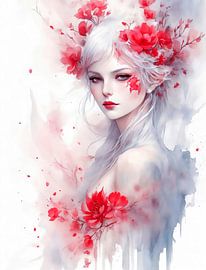 Fantasy elf in watercolour with red shades and flowers. by Brian Morgan