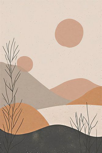 Minimalist Abstract Desert Landscape - Terracotta Boho Sun and Hills Wall Art with Botanical Line Elements