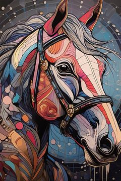 Sierlijk gedecoreerd paarden hoofd in rood blauw en roze tinten van Emiel de Lange
