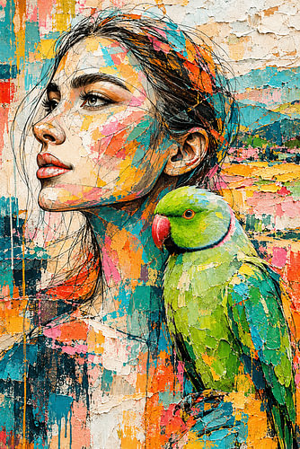 Expressive Portrait of a Woman with a Green Parrot and Rich Texture