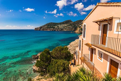 Idyllic island scenery on Mallorca, beautiful sea view of the bay in Camp de Mar, Spain