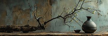Japanese still life as a panorama with vase and branch by Digitale Schilderijen
