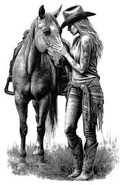 Detaillierte Vintage-Strichzeichnung einer Cowgirl und eines Pferdes von NAIME ATELIER