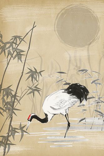 Cigogne minimaliste avec roseaux et eau - Art moderne en noir, gris et blanc