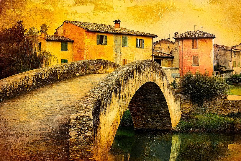 Rustic stone bridge and houses by Art & Soul Creations