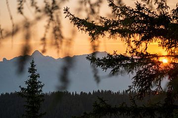 Prachtige oranje zonsopgang op de bergen van chamois huntress