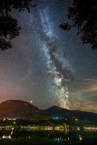 Milky way and night sky in Immenstadt im allgäu above the large Alpsee lake