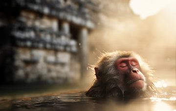 Zen-Malerei Affe: Japanischer Makake entspannt sich in warmer Badewanne von Surreal Media