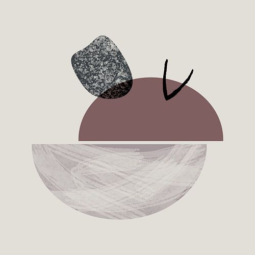 Abstraktes Kunstwerk mit halbkreisförmigen Formen und Texturen in dunklen Rotbraun- und Beigetönen