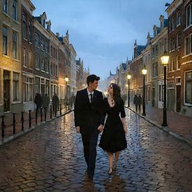 Romantischer Abendspaziergang in Amsterdam - Elegantes Paar im schwarzen Kleid von ArtVanta