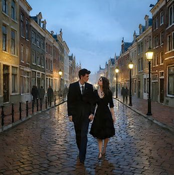Romantic Evening Walk in Amsterdam - Elegant Couple in Black Dress