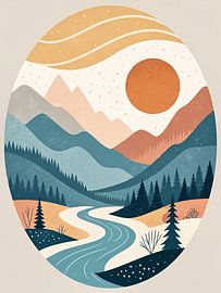 Paysage de montagne superposé avec rivière et soleil