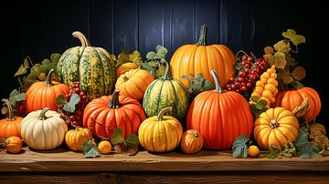 Des citrouilles colorées sur une table en bois, décoration d'automne sur Animaflora PicsStock