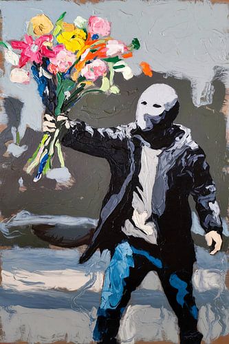 Masker en bloemen statement kunst