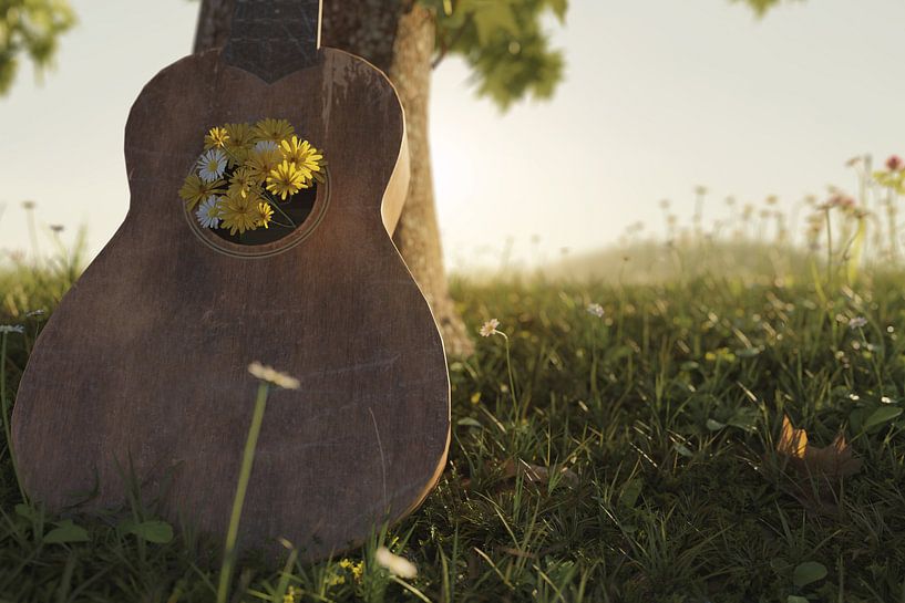 3d rendering of a leaning old ukulele filled with flowers by Besa Art