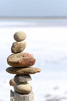 Steinmännchen auf Holzstamm