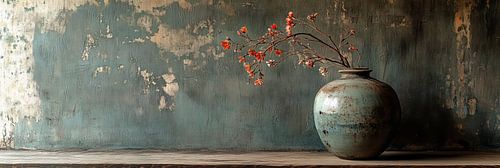 Zachtrode bloesemtak in robuuste vaas op verweerde plank panorama