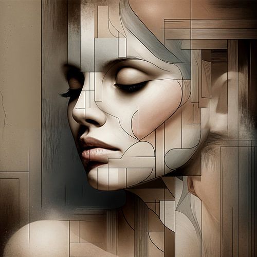 Abstract Reflections – geometrisch portret van een vrouw in aardetinten