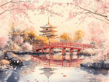 Temple, pont et Sakura sur Littlewhitecat