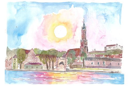 Landshut Bayern Altstadt Stadtbild mit St. Martin Trausnitz und Isar