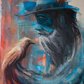 Old man with a hat has a bird by Ron Odermatt